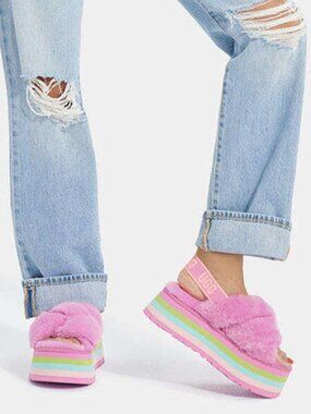 UGG Disco Knot Slides Platforms Sandals Sheepskin Wildflower Size 9 NEW